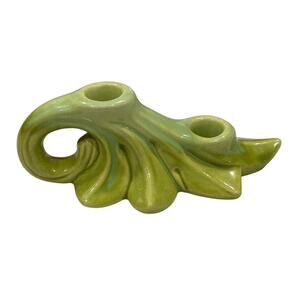 Vintage Green Ceramic Leaf Candle Holder Double Taper Mid Century Pottery